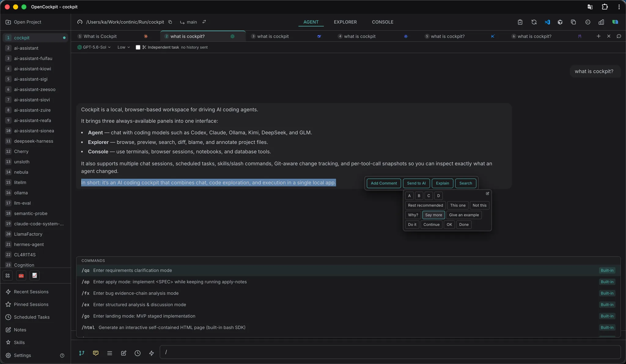 OpenCockpit workspace with multiple coding agents, project navigation, and slash commands